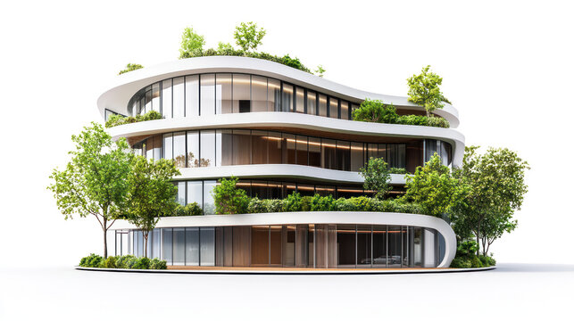Modern eco-friendly building design with natural greenery, showcasing innovative architecture and sustainable elements, isolated on a white background.
