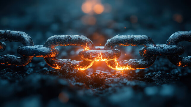 broken chain symbolizes freedom and resilience, with glowing links representing hope and strength amidst darkness. image captures essence of liberation and transformation