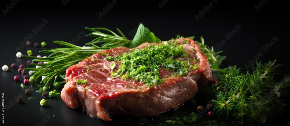 Poster fresh pork neck steak adorned with vibrant green onions and parsley, surrounded by assorted herbs on