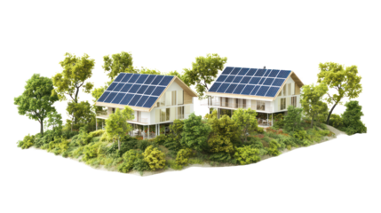 Modern eco-friendly houses with solar panels in a lush green environment, showcasing sustainable living and harmony with nature.
