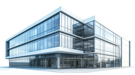 Modern glass office building with sleek lines and a contemporary design, showcasing an innovative architectural style against a white isolated background.