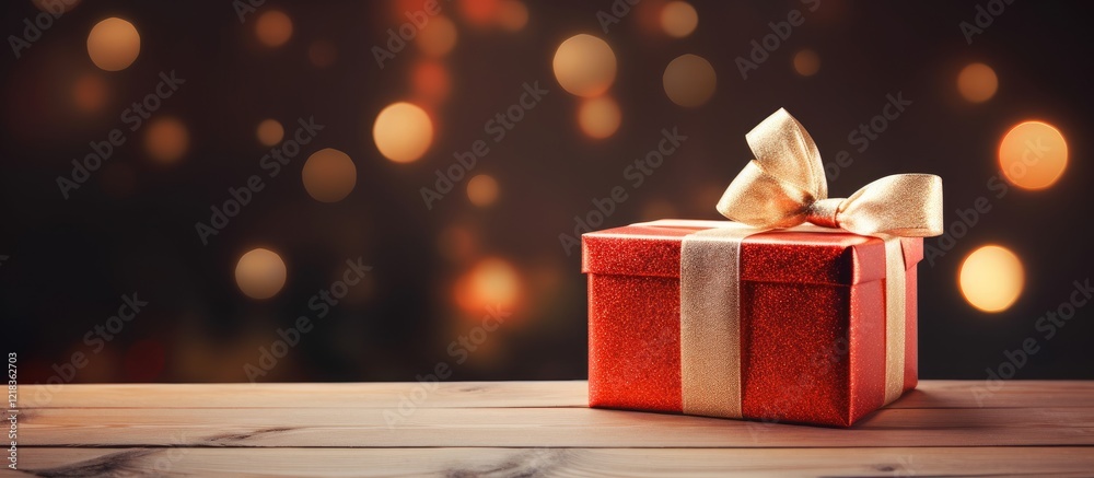 Poster Festive red gift box adorned with a cream ribbon on a rustic wooden table with blurred warm bokeh background offering ample copy space.