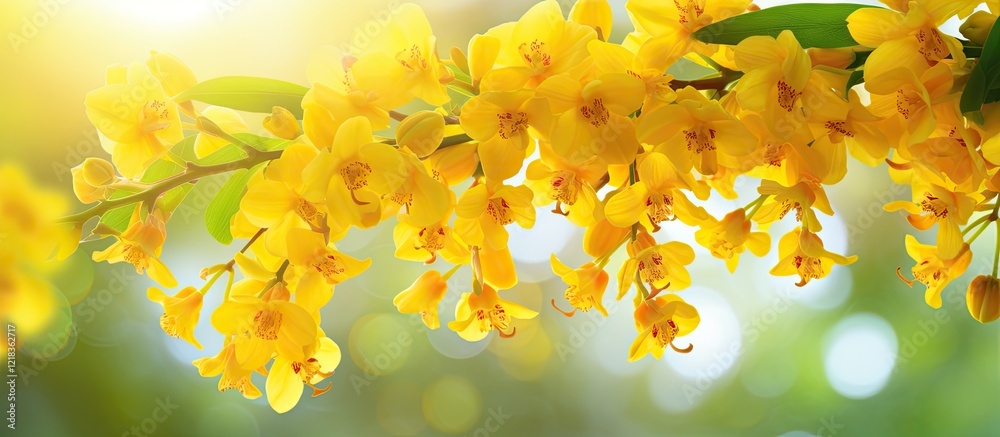 Poster vibrant yellow oncidium orchids hang gracefully from a lush green branch against a softly illuminate