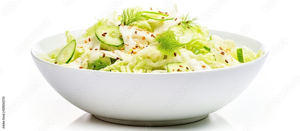 Poster healthy chinese cabbage salad in a large white bowl from a top-down view featuring green cabbage, cu