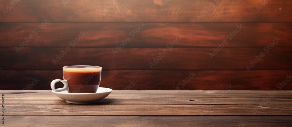 Poster two white coffee cups with dark coffee resting on a rustic wooden surface illuminated by soft natura