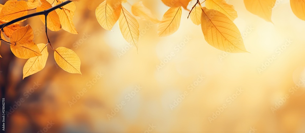 Fototapete autumn scene with soft yellow leaves in the upper left corner against a blurred warm orange backgrou