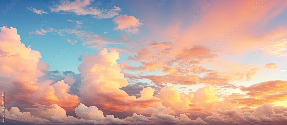 Poster vibrant dawn sky with fluffy pink and orange clouds against a gradient blue background showcasing ca