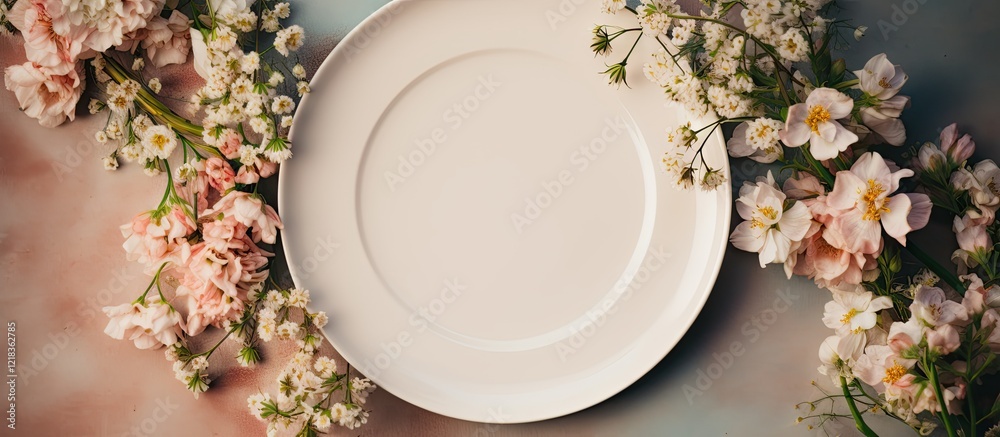 Aufkleber spring flat lay with vintage white plate center surrounded by soft pink and white flowers on a paste