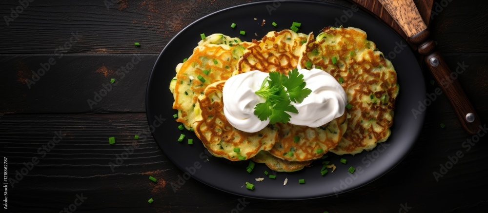 Poster Top view of golden zucchini and potato pancakes on a dark plate topped with sour cream and garnished with green herbs on a rustic table