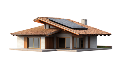 Modern house design with solar panels, featuring a spacious layout and wooden accents, set against a white isolated background.
