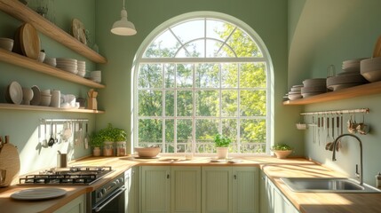 Fototapeta premium Modern apartment house kitchen interior with arched window, AI generated image