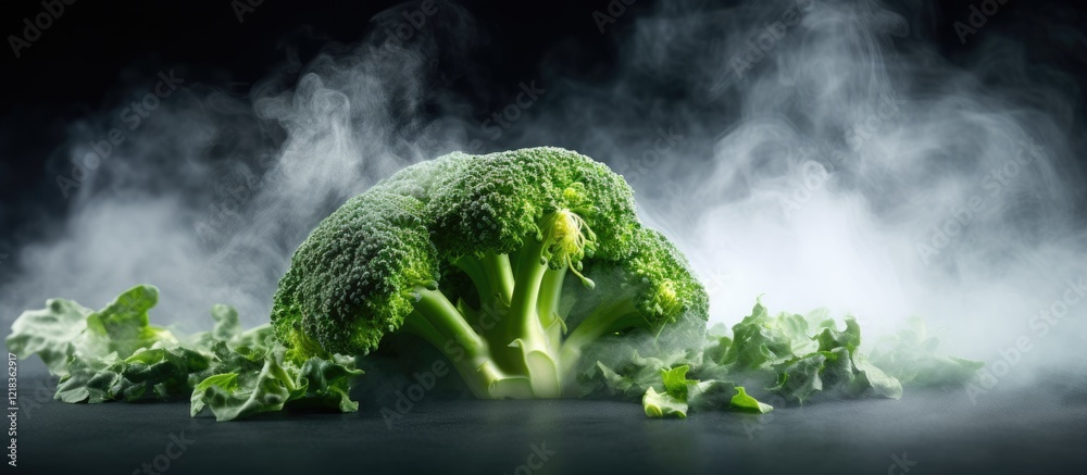 Poster Steamed broccoli surrounded by soft white steam on a dark background showcasing vibrant green colors with a smooth surface for copy space