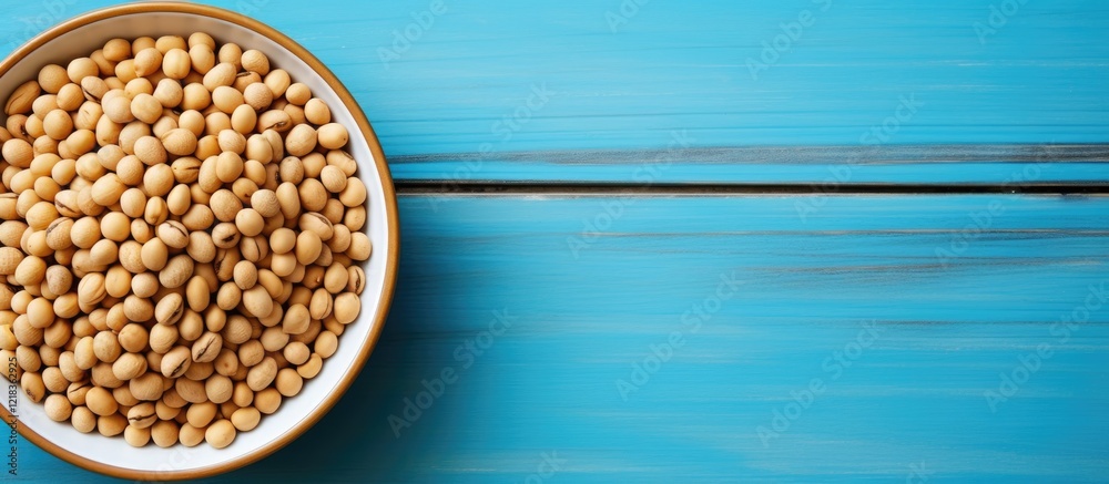 Aufkleber Bowl of soybeans positioned on the left side of a vibrant blue table with ample negative space for additional graphics or images.