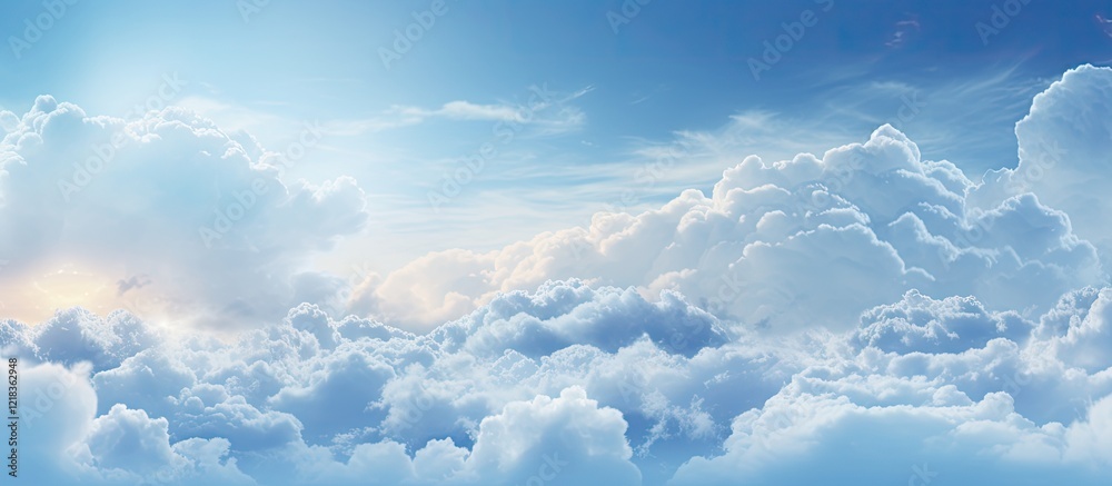 Poster Breathtaking spring sky with soft white clouds against a bright blue backdrop, creating a serene and captivating textured background image.