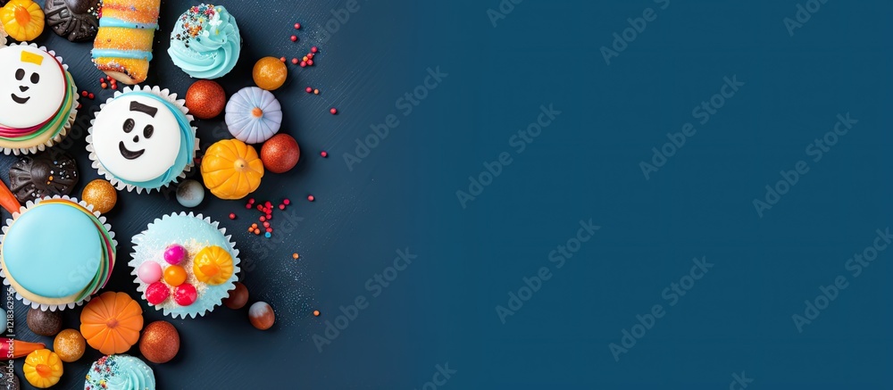 Poster Halloween themed ghost cupcakes creatively arranged with vibrant candies on a deep blue surface with ample copy space for text or design elements