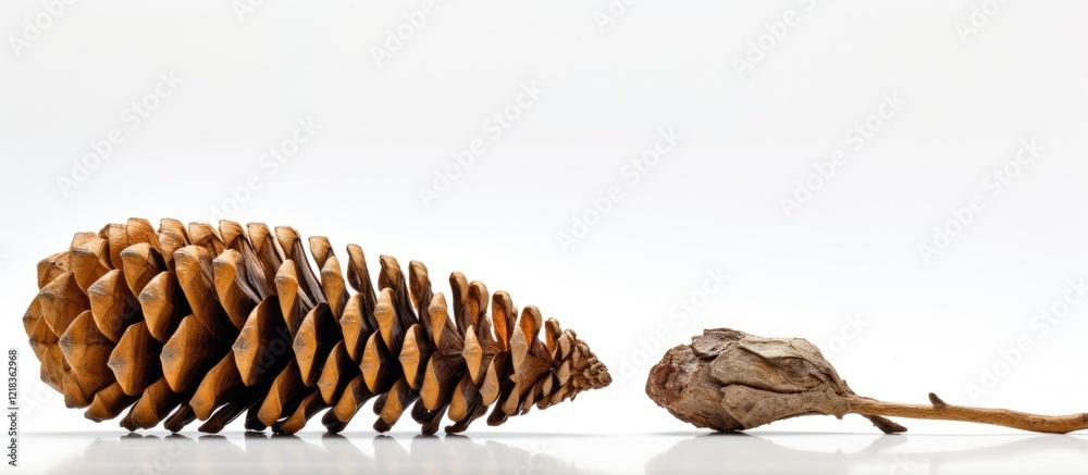 Aufkleber solitary brown fir cone and a twig positioned left against a plain white background providing ample 