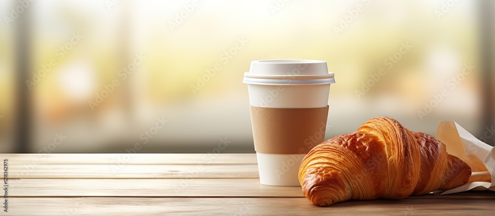 Poster a warm paper coffee cup with a light brown sleeve positioned on a white wooden table next to a flaky