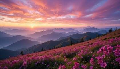 Vibrant Sunrise Over Mountain Meadow Filled with Pink Flowers