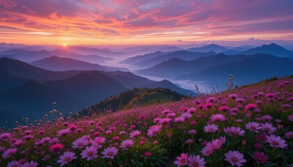 Stunning Sunrise Over Mountain Meadow Filled with Pink Flowers