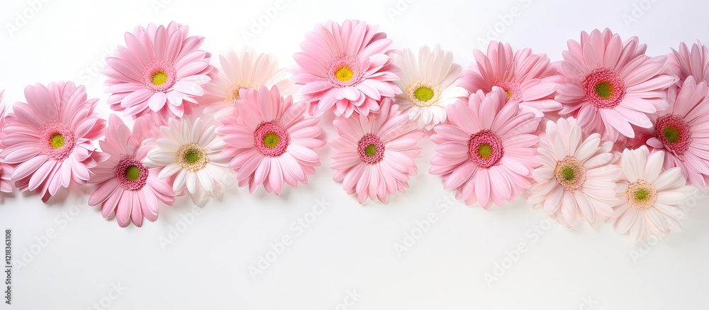 Aufkleber delicate arrangement of pink and white gerbera daisies on a bright white background with ample copy 
