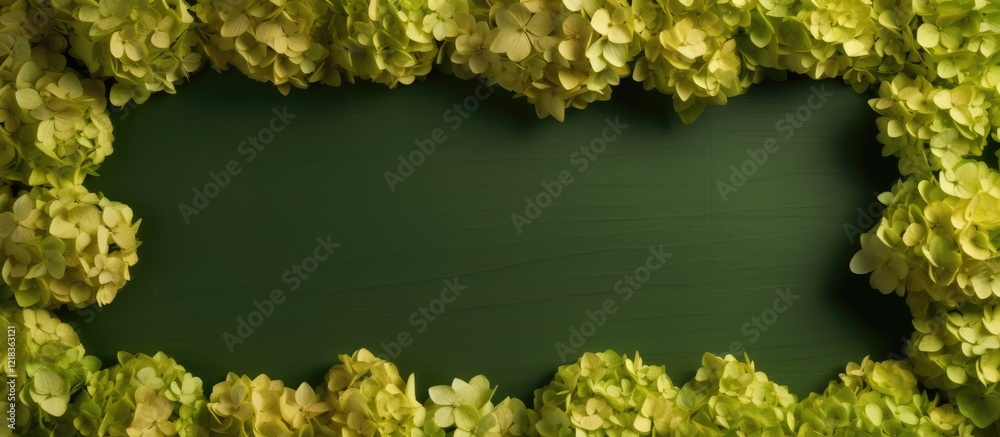 Poster Golden square frame filled with dried hydrangea flowers on a green background with ample copy space in a vertical flat lay composition.