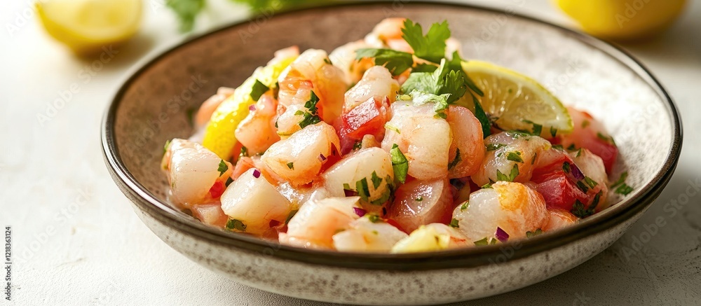 Poster vibrantly colored ceviche with shrimp and fresh herbs garnished with lemon slices in a rustic bowl o