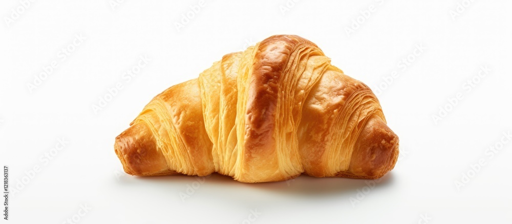 Poster golden flaky croissant placed centrally on a clean white background showcasing its layers and textur