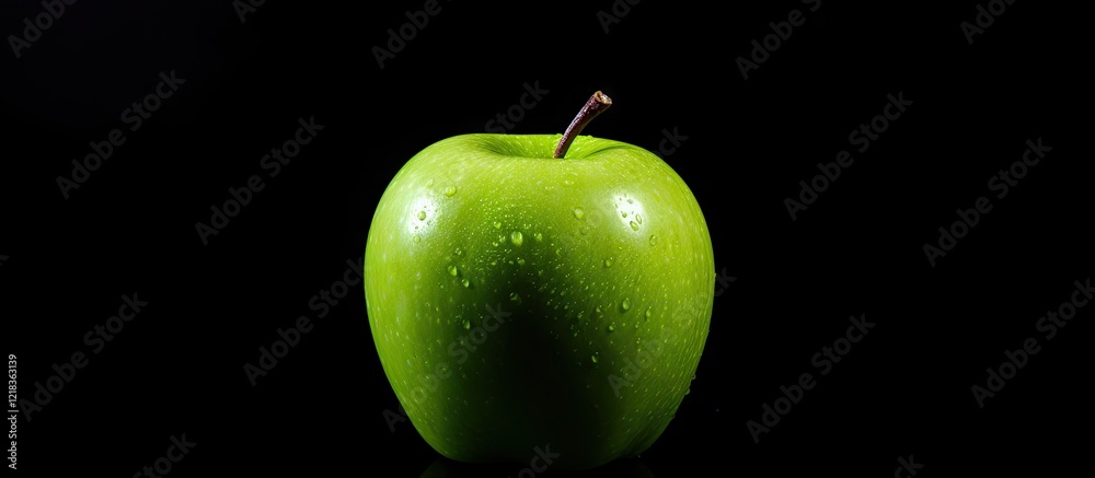 Poster Fresh green apple with dew drops centered on a black background creating strong contrast and ample space for text placement on the right side.