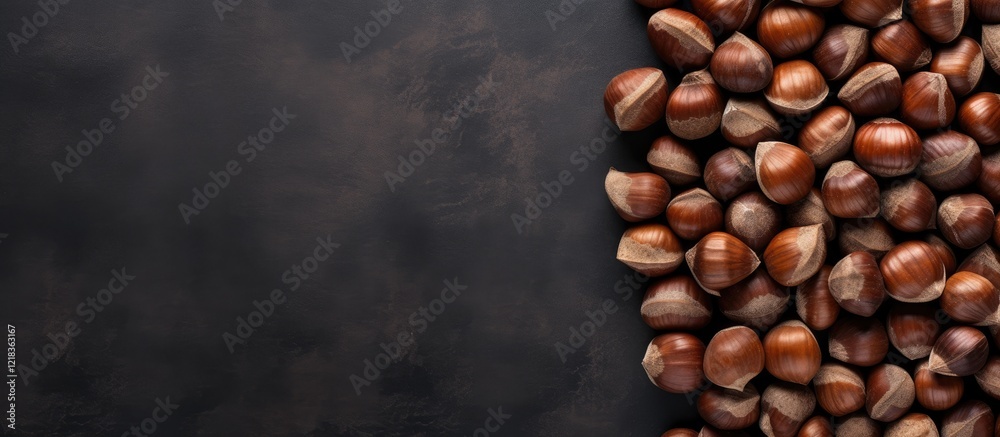 Aufkleber Hazelnuts in a cluster on the left side of a textured black stone background creating a clean space for text or design elements.