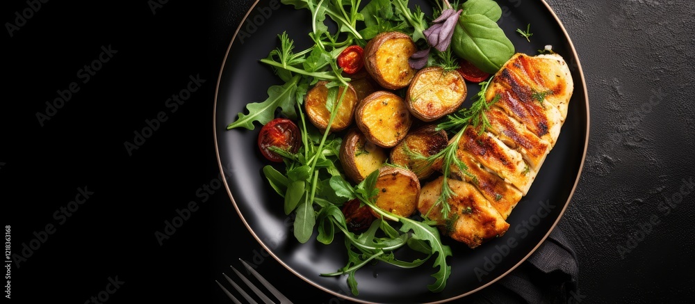 Aufkleber grilled chicken breast with roasted potatoes and arugula salad arranged on a black plate with a dark