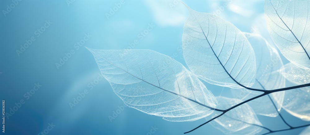 Poster delicate skeleton leaves in soft focus against a serene blurred blue background, showcasing intricat