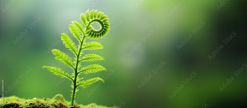 Aufkleber Lush green fern sprouting from damp soil with vibrant blurred background showcasing soft bokeh lighting creating a tranquil natural setting