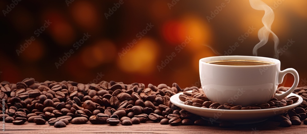 Aufkleber a warm cup of coffee with steam rises, surrounded by dark coffee beans on a blurred vintage backgrou