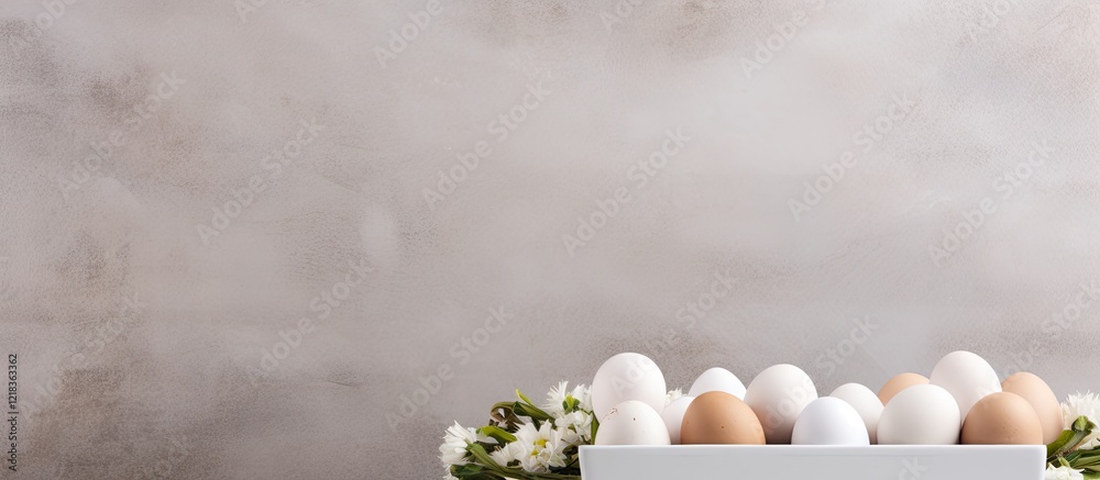 Aufkleber white eggs in a white container nestled on a light concrete background with soft tones and ample cop