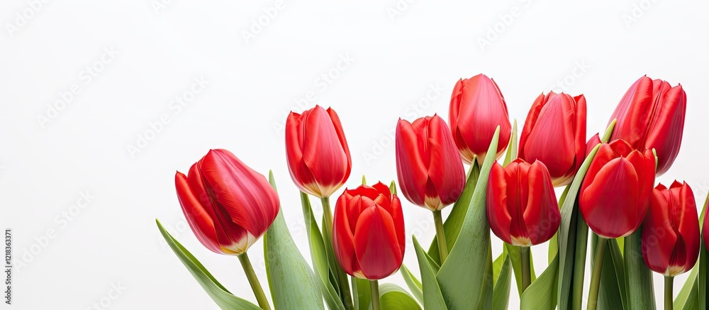 Aufkleber bouquet of vibrant red tulips with lush green leaves arranged on a clean white background creating i