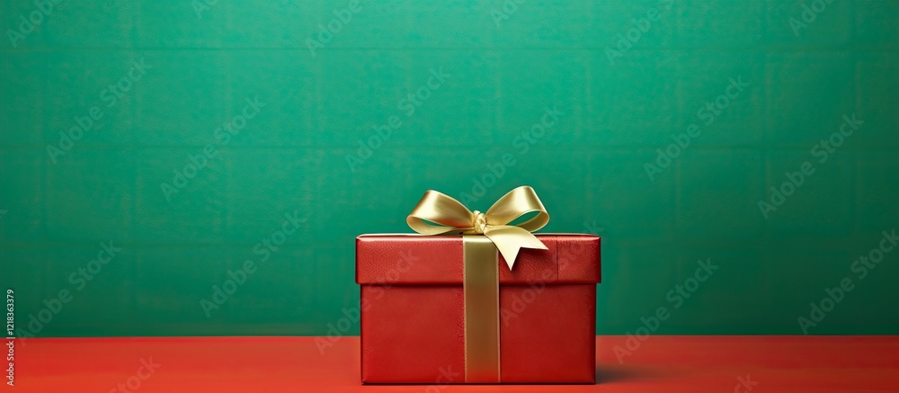 Poster Red gift box adorned with a golden bow positioned centrally on a green textured background with a smooth red surface at the bottom.