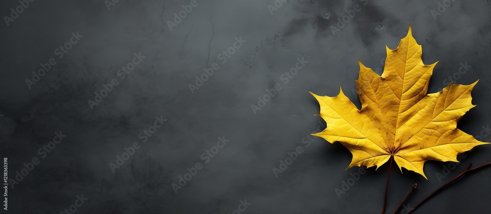 Poster vibrant yellow autumn maple leaf positioned in the lower right corner against a dark gray textured b