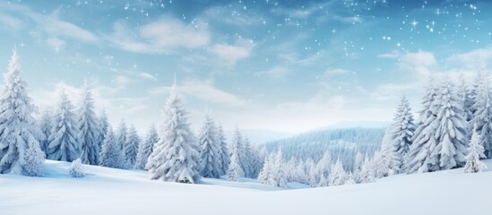 Naklejka premium Serene winter landscape featuring lush snow-covered fir trees on a soft white ground under a bright blue sky with clouds and snowfall elements