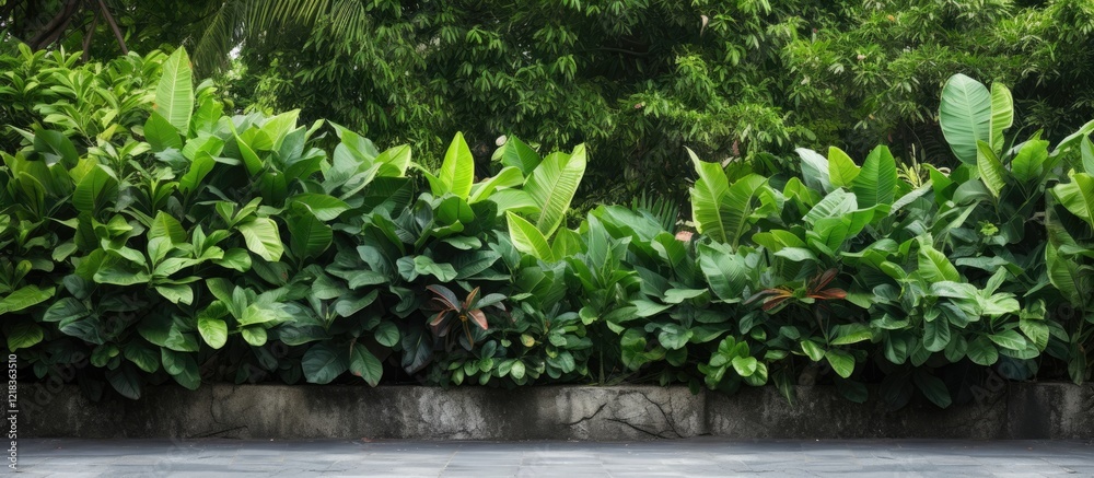 Poster vibrant green leafy garden backdrop with lush foliage and clear space for image insertion at the cen