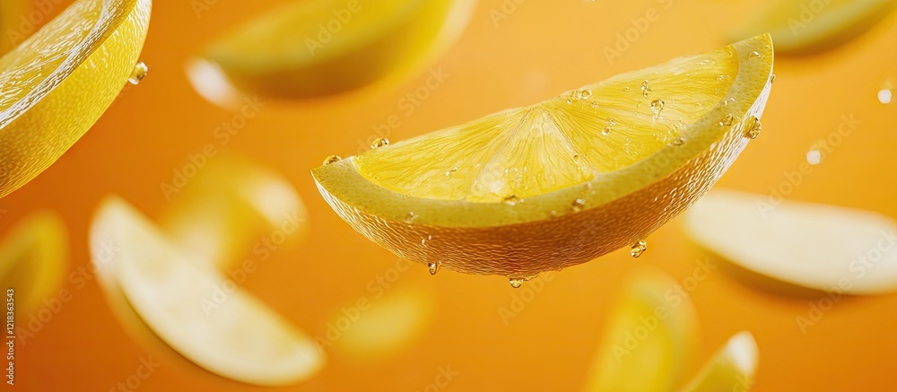 Poster floating lemon slices with water droplets against a vibrant orange background, creating a fresh and 