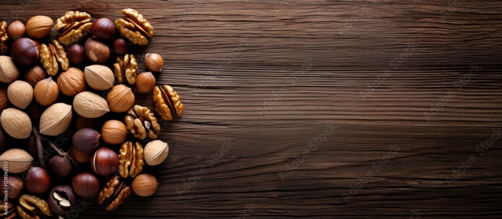 Aufkleber Top view of assorted nuts including walnuts and pine nuts arranged on a rustic wooden table with ample negative space on the right for text or images