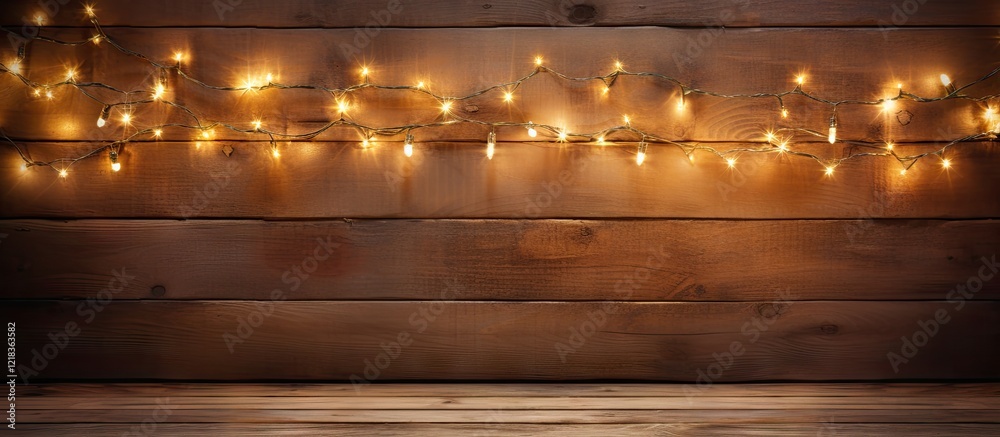 Poster Festive Christmas lights glowing warmly against a rustic wooden background with ample empty space for text or images at the center.