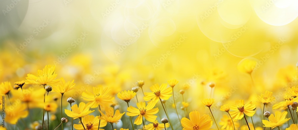 Poster Vibrant yellow wildflowers in a sunlit spring field with a soft blurred background providing ample copy space for text and design elements.