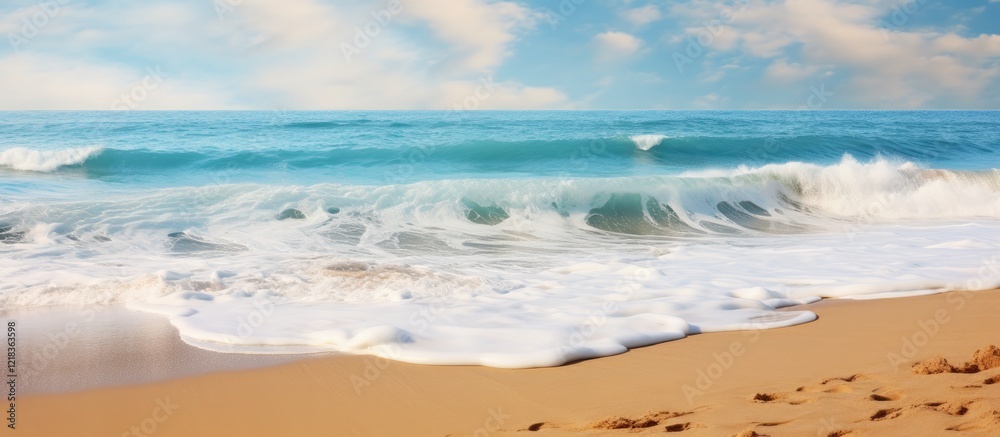 Poster Serene golden beach with gentle waves in the foreground and a clear blue sky in the background ideal for text placement and relaxation themes.