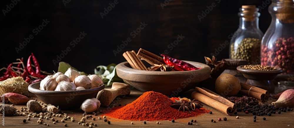 Poster colorful assortment of spices in wooden bowls with a mortar vibrant reds browns and greens set again