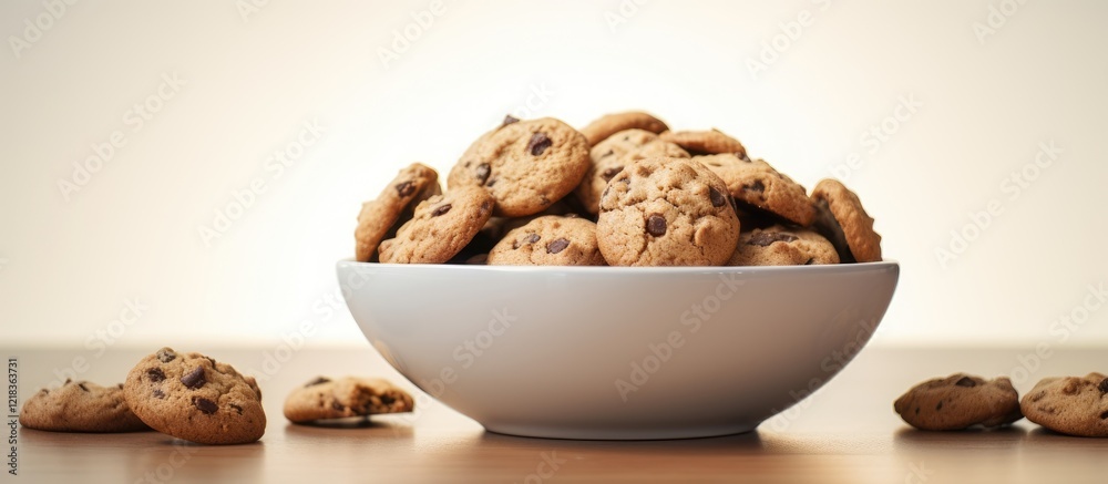 Aufkleber bowl overflowing with freshly baked chocolate chip cookies on a wooden table against a soft beige ba