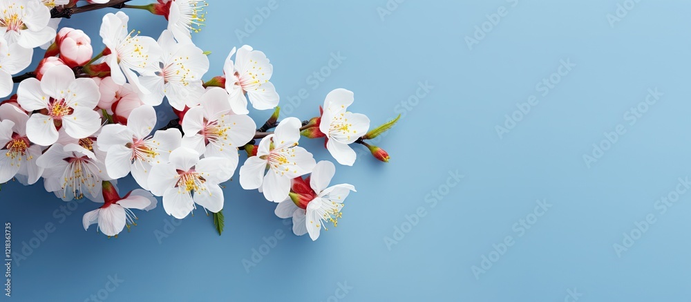Aufkleber delicate white cherry blossom branches with pink centers positioned on a soft blue background creati