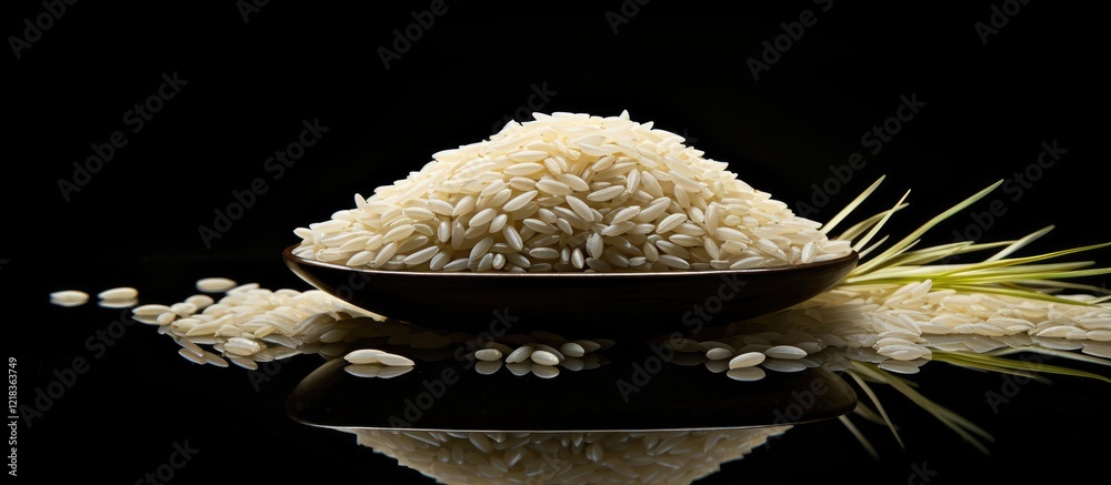 Poster rice in a brown bowl with a reflective black background, scattered grains and stalks positioned eleg