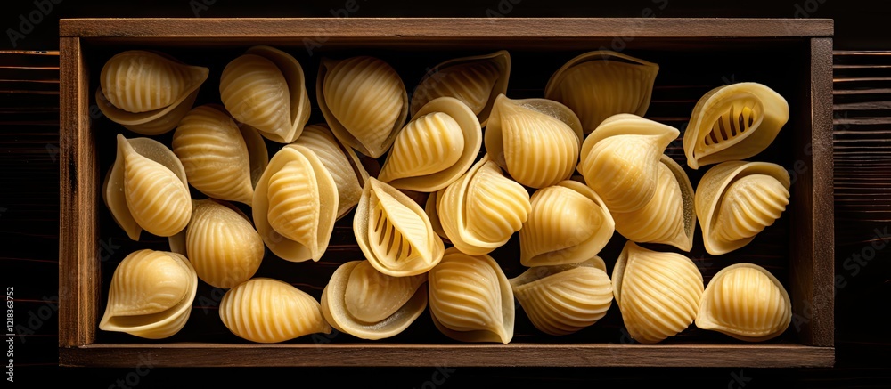 Poster close up of yellow raw pasta shells neatly arranged in a dark wooden box on a black wooden backgroun