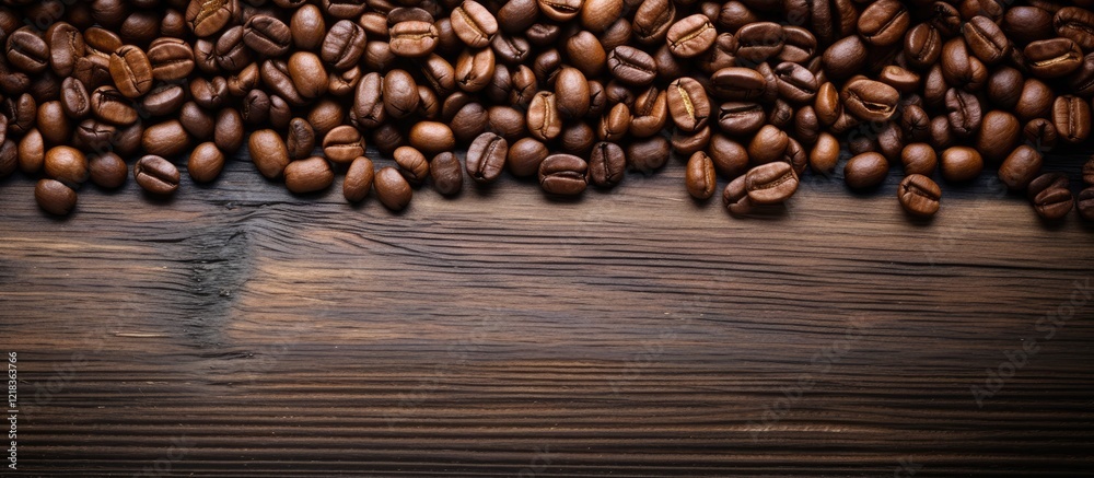 Poster rustic wooden background with dark brown coffee beans arranged along the top edge, leaving ample cop